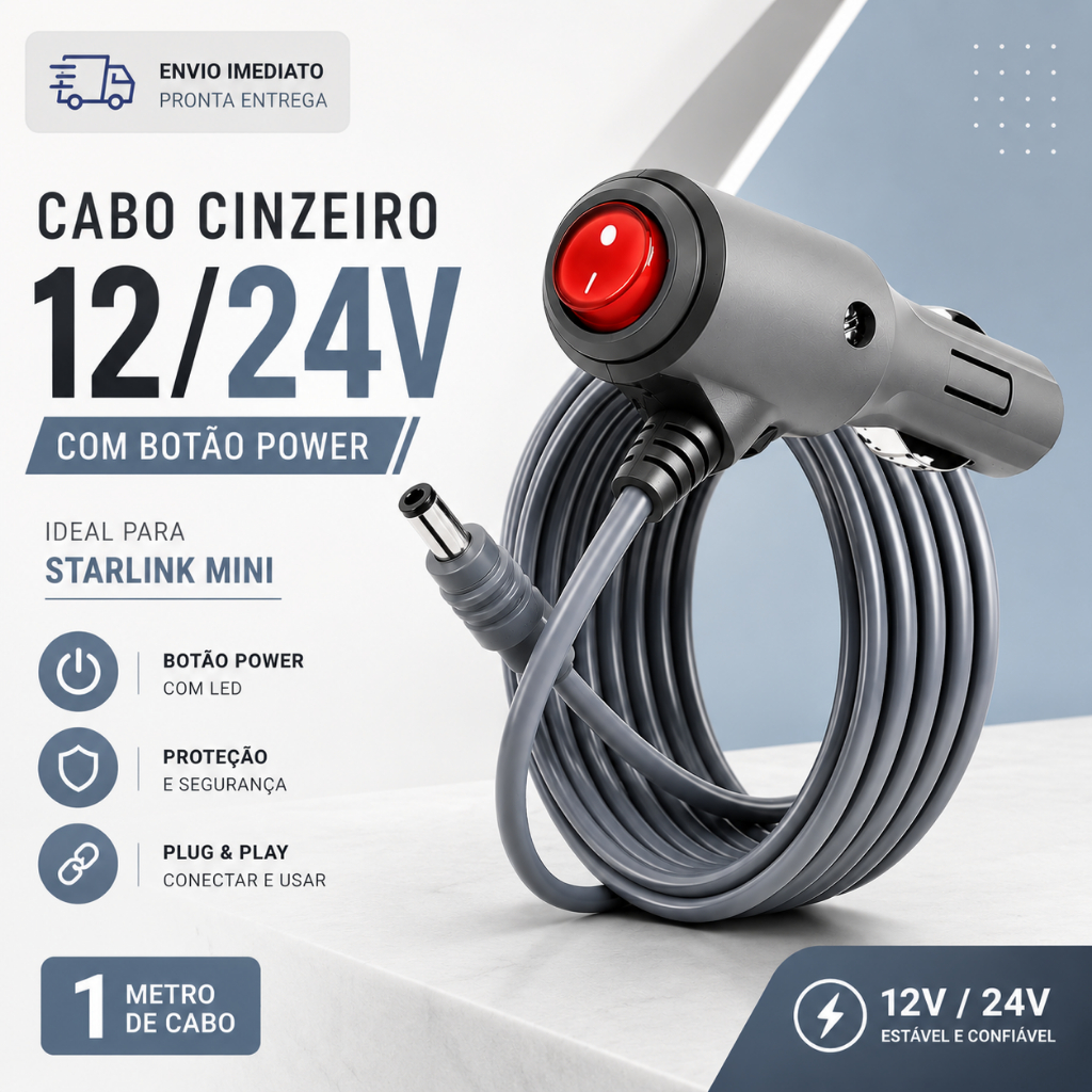 Cabo 12v/24v Carregador Para Starlink Mini Cinzeiro 1 metro com botão liga e desliga C/NF