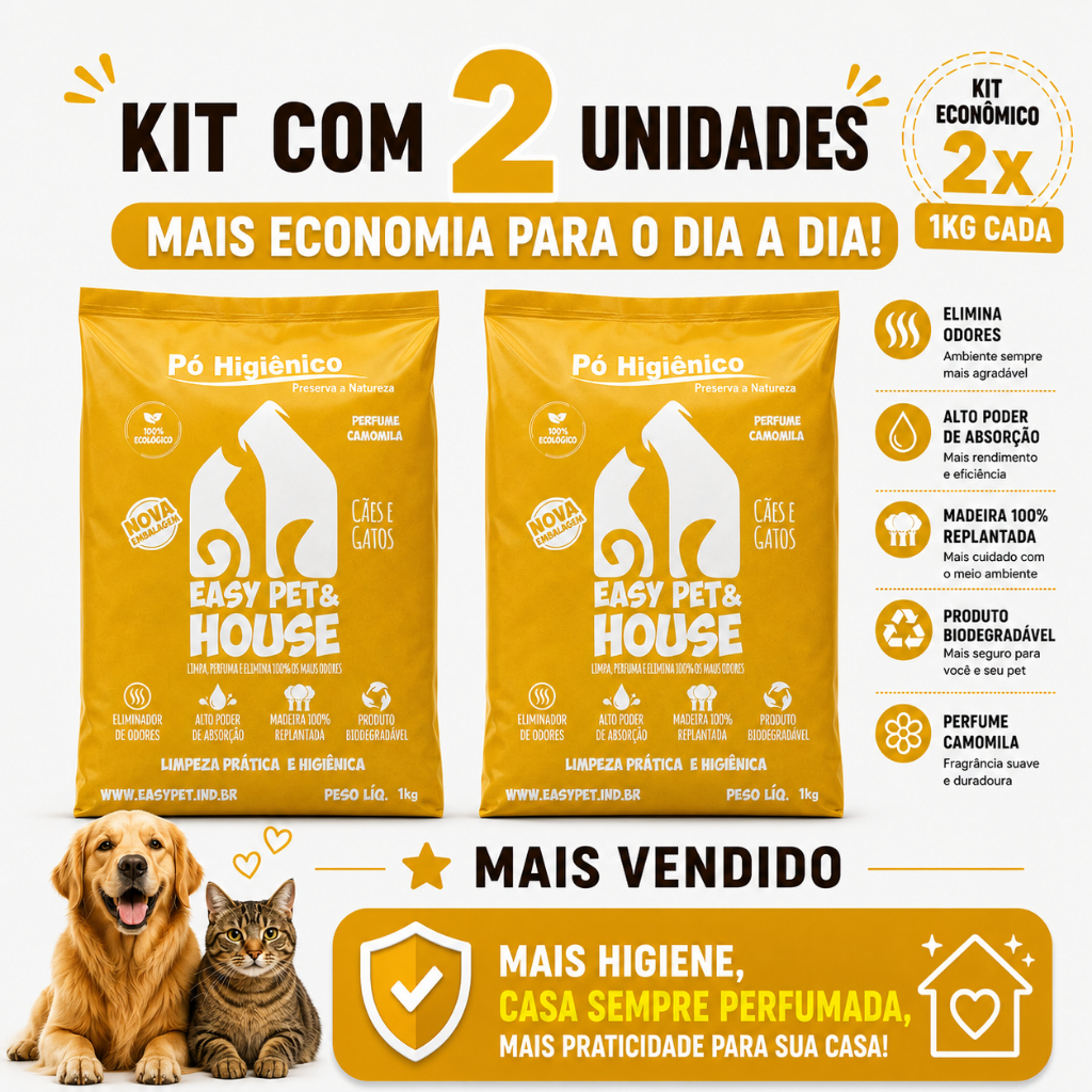 Pó Higiênico Pet Cães e Gatos Camomila 2 Unidades Seca Xixi Elimina Odores Easy Pet e House