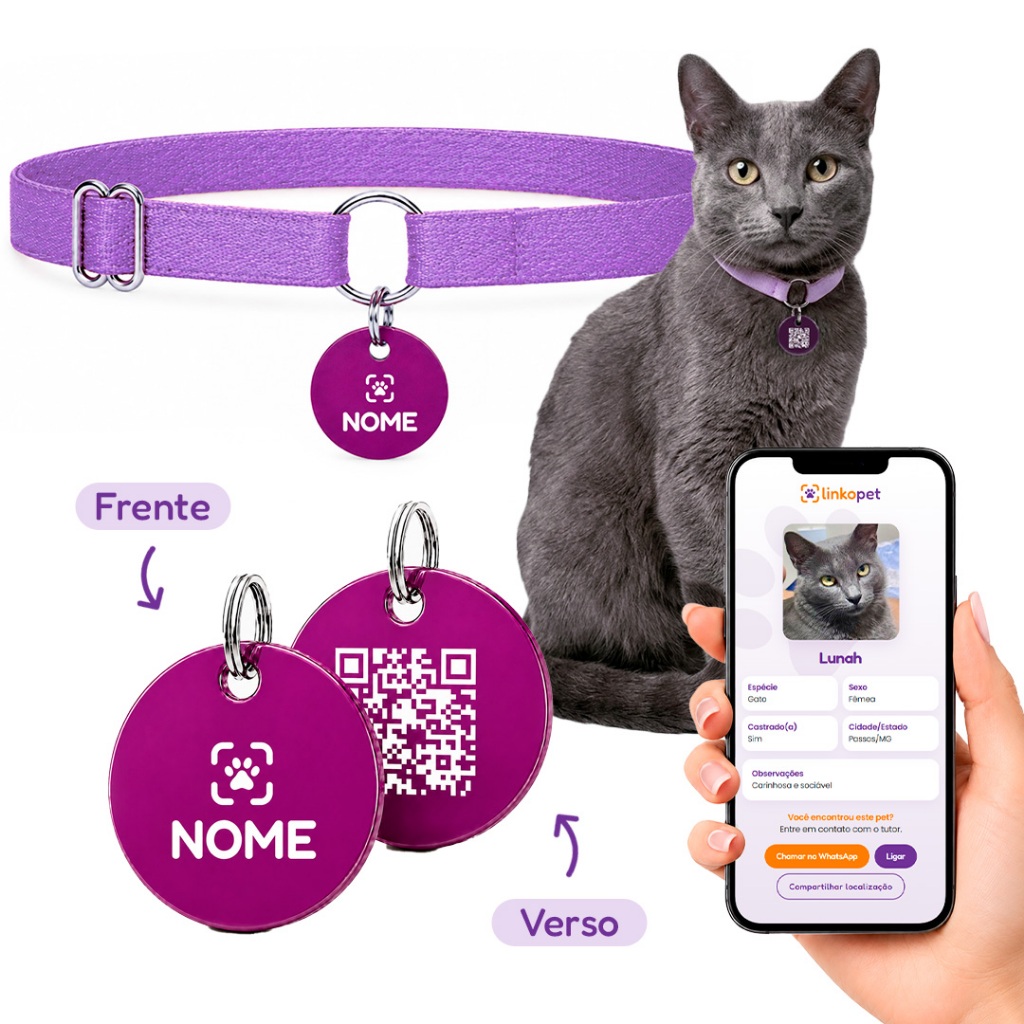 Coleira Elástica Tag de Identificação Personalizada Nome e QR Code Gato e Cachorro Linkopet