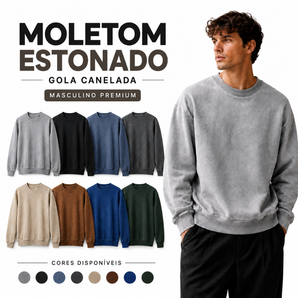 Moletom Masculino Estonado Lavado Premium Gola Careca