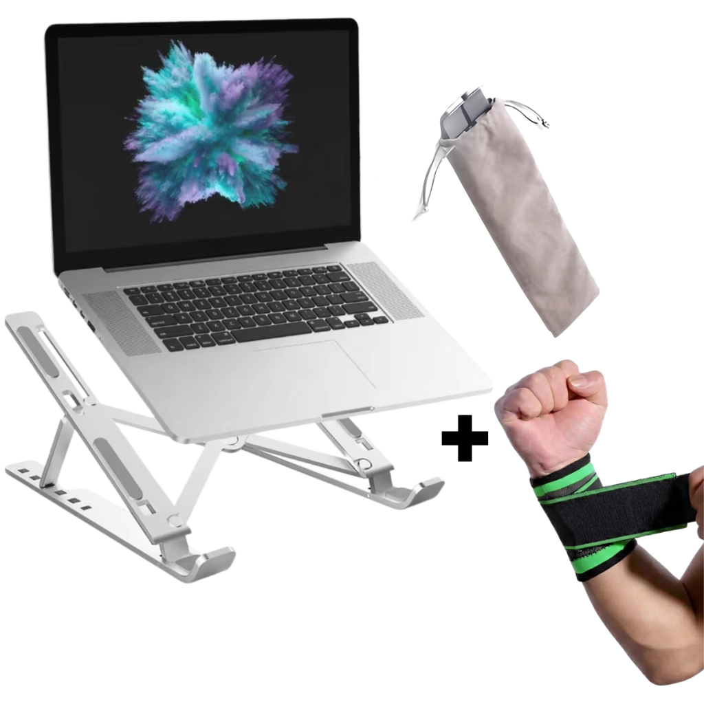 Suporte para Notebook em Alumínio Dobrável e Ajustável Suporte de Mesa + Munhequeira