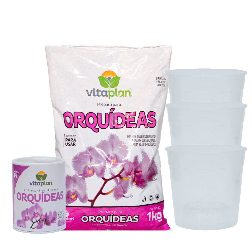 Kit Orquideas Substrato 1kg + Fertilizante Pastilha 50g + 3 Potes TAM12