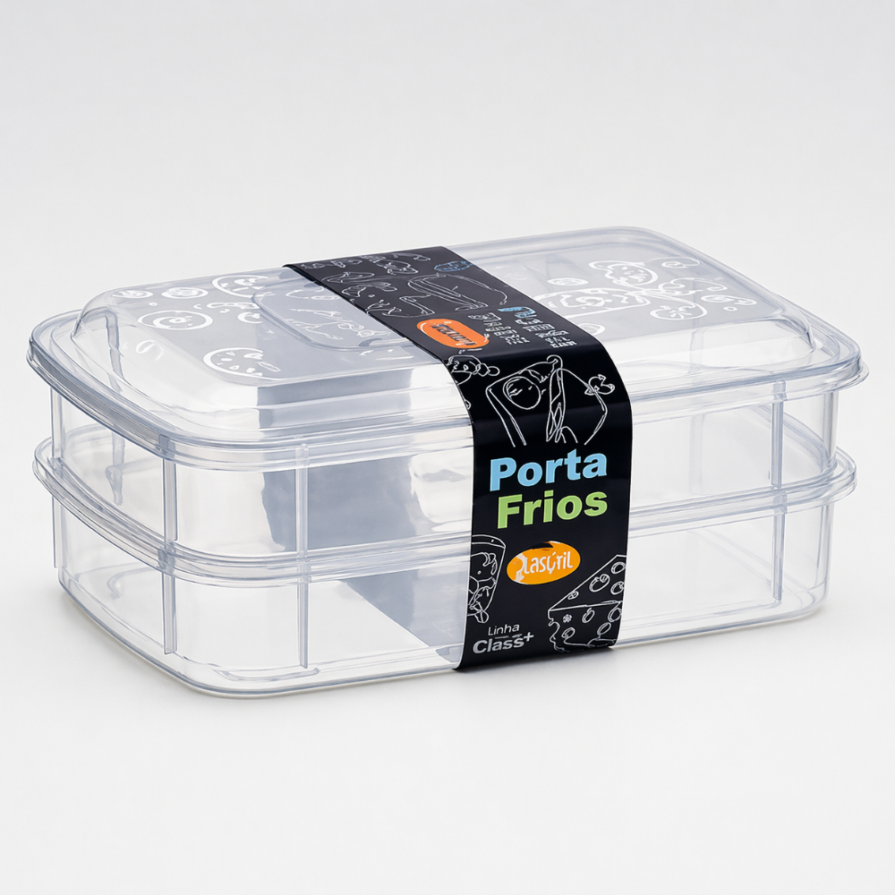 Porta Frios Hermético Tampa Acrílico Geladeira Queijo Presunto Duplo Empilhável Kit 2 Peças