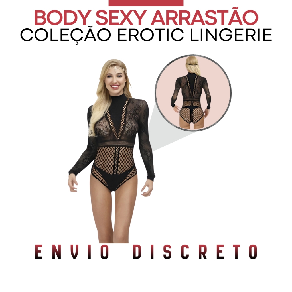 Body Sexy Manga Longa Arrastão Floral Gola Alta Sensual Veste PP ao GG Audrey Erotic Lingerie