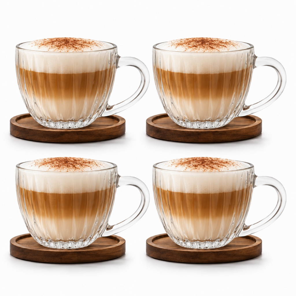Jogo 4 Xícaras em Vidro Café Chá Com Pires em Madeira 180ml - Montecarlo