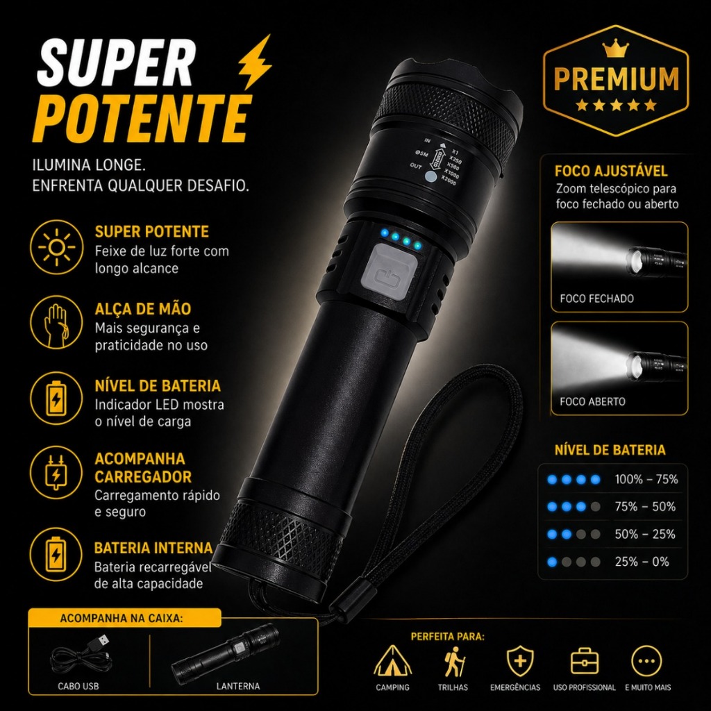 Lanterna Tática Recarregável Onex Lan 7610 LED P50 1200 Lúmens Zoom USB Super Potente 100 Modos IP65 de litio