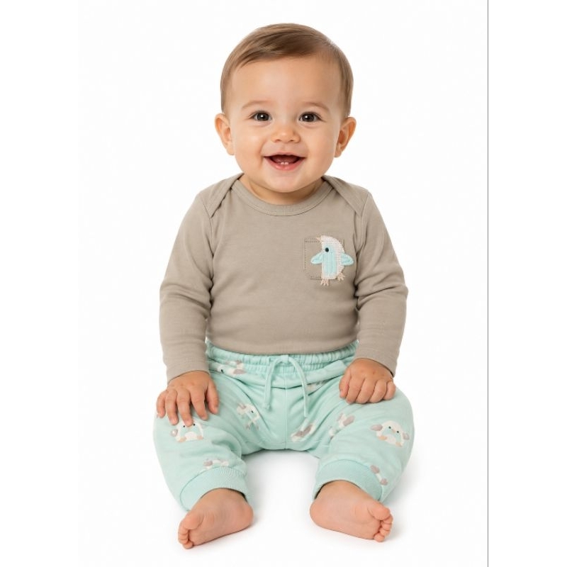 Conjunto Infantil Bebê Menino Brandili Body Cotton Manga Longa + Calça Jogger moletinho confortável algodão