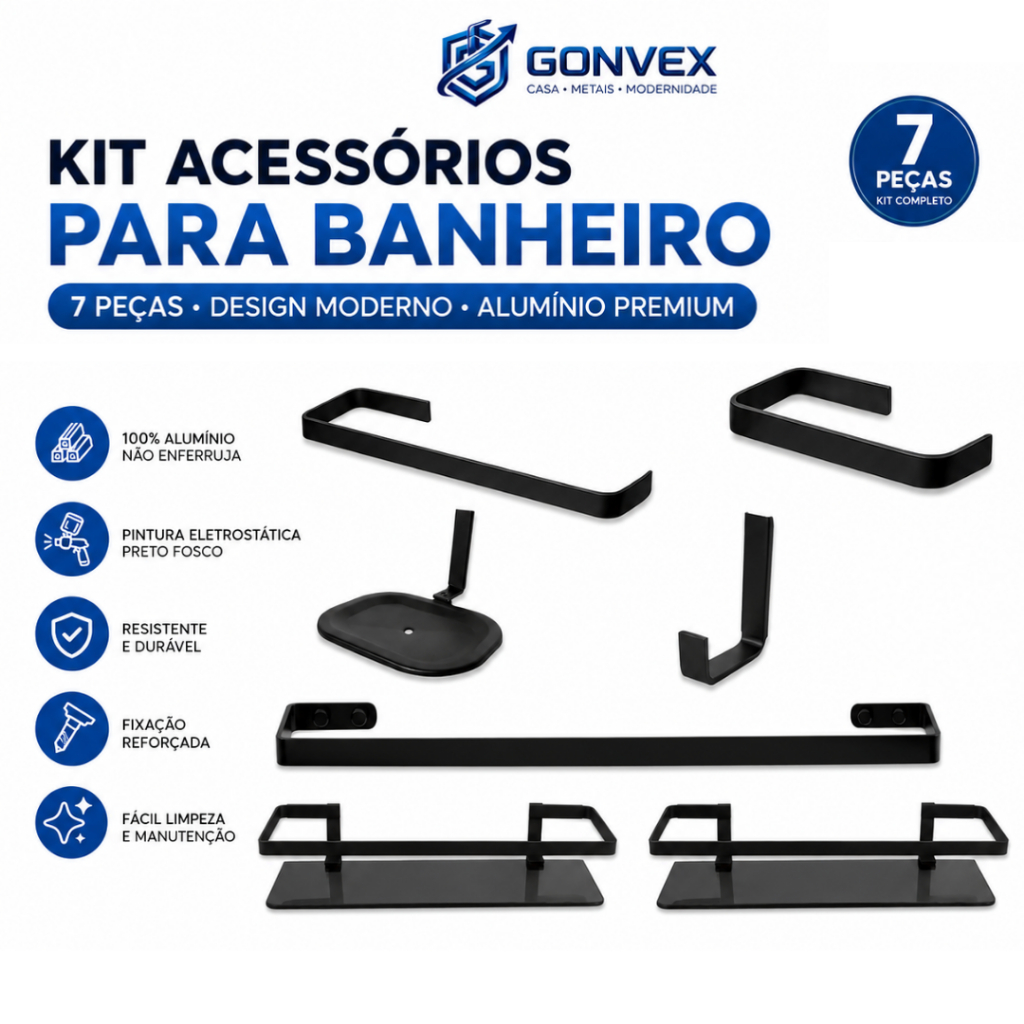 Kit Acessórios Para Banheiro Luxo Quadra De Alumínio E Aço Inox 5 Peças Preto Fosco + 2 Porta Shampoo Black Fumê