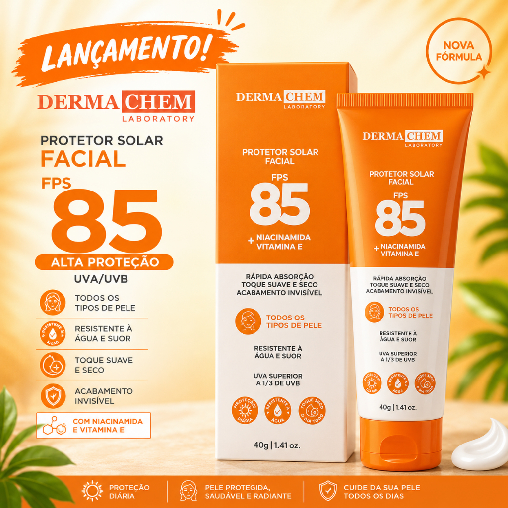 🔥LANÇAMENTO - Protetor Solar Facial FPS 85 Dermachem Toque Seco Oil Free Niacinamida Vitamina E Alta Proteção 40g