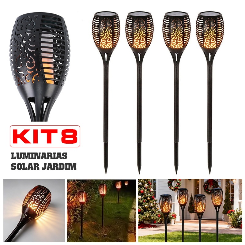 Kit Luminaria Solar Espeto de Jardim Balizador Tocha Efeito Decoração Luz Para Áreas Externas