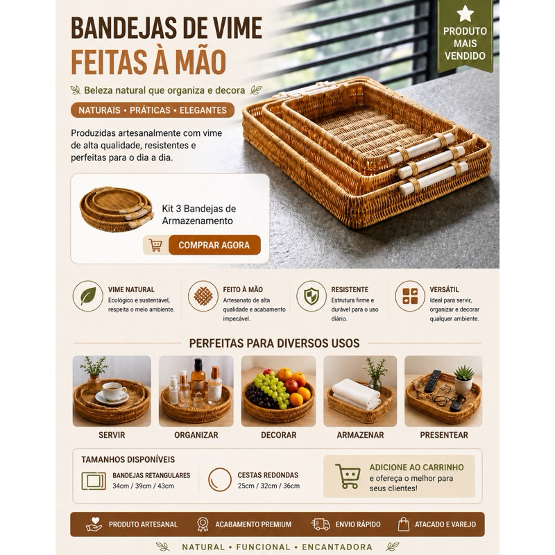 Bandeja de Armazenamento Tecida À Mão Com Alça (REDONDA ou QUADRADA)
