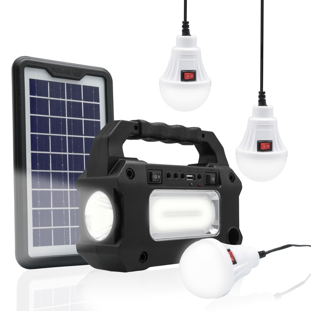 Painel Solar Bateria Portátil Powerbank Caixa Som MP3 FM Camping Pesca Lanterna Emergência 3 Lâmpada