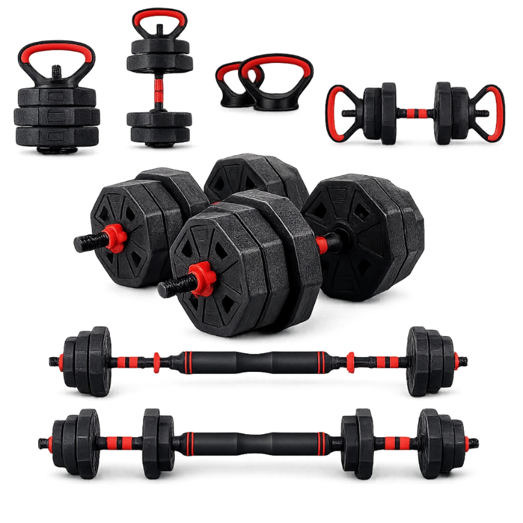 Kit Musculação 30kg Halter Barra haltere Dumbbell Kettlebell Anilhas Ajustável Academia Fitness Completo Casa 6 em 1