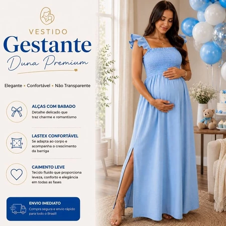 Vestido Longo Gestante Casual Chic Festa Ensaio Chá de Bebê