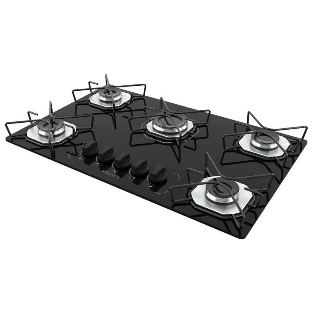 Cooktop Fogatti à Gás FGT 5 Bocas Vidro Preto Flange Inox Bivolt - Acendimento Automático
