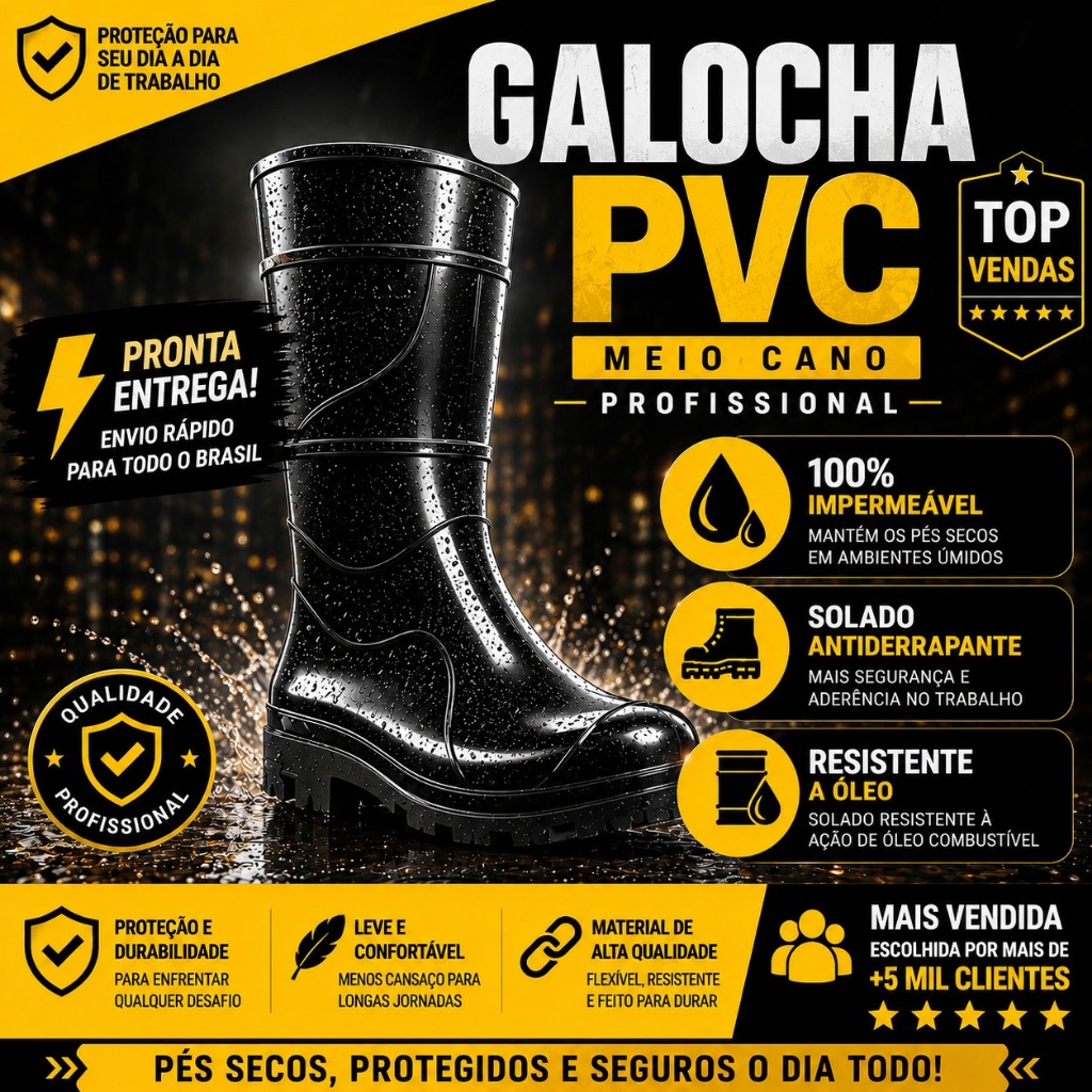 Galocha PVC Impermeável Antiderrapante Cano Médio Profissional Resistente a Óleo