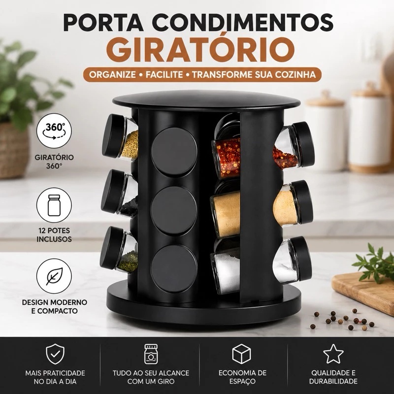 Porta Tempero Condimentos Giratório com 12 Potes de Vidro Preto 360 Graus com Tampa Dosadora c