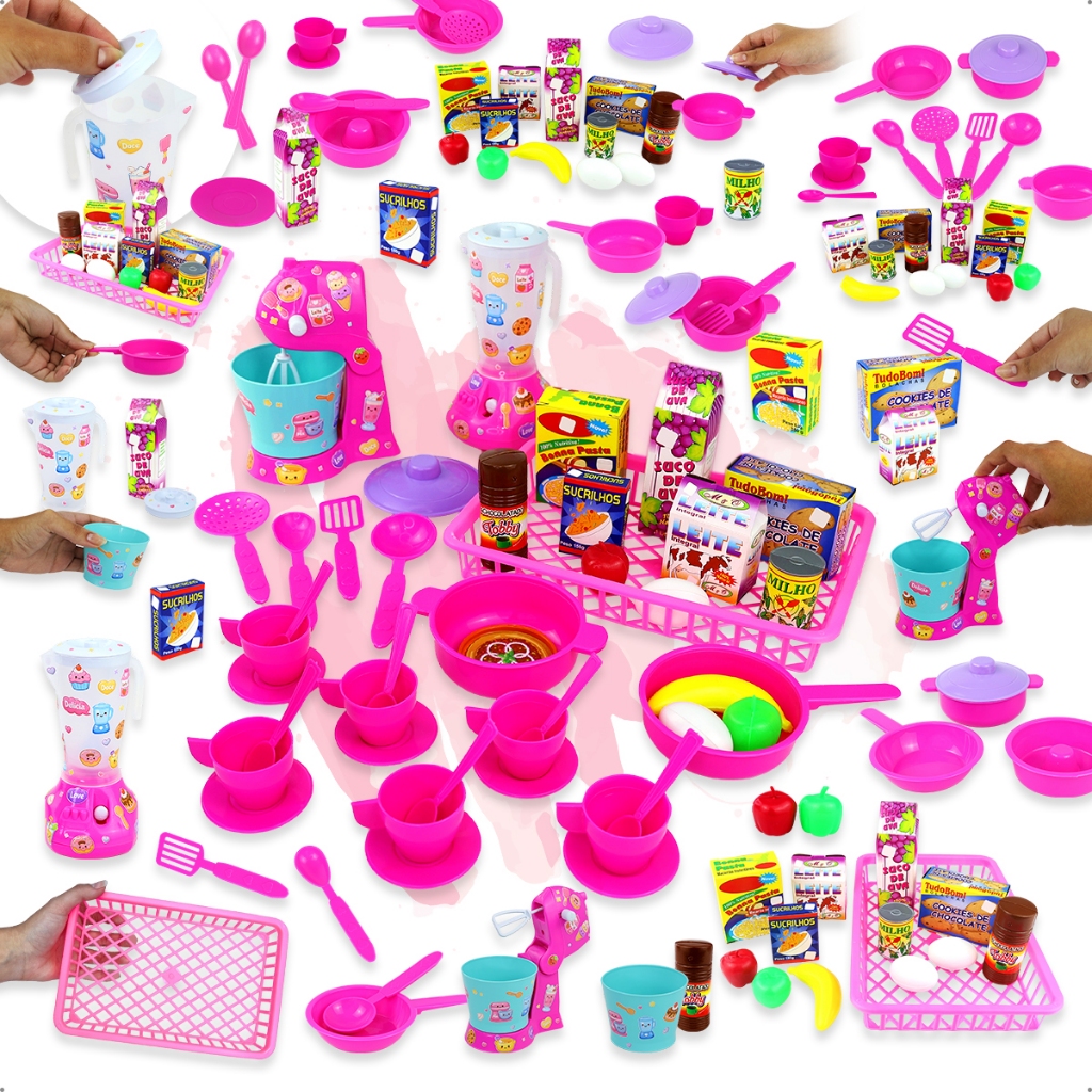 Kit Cozinha Infantil Completo Com Batedeira Liquidificador E 41 Peças Educativas