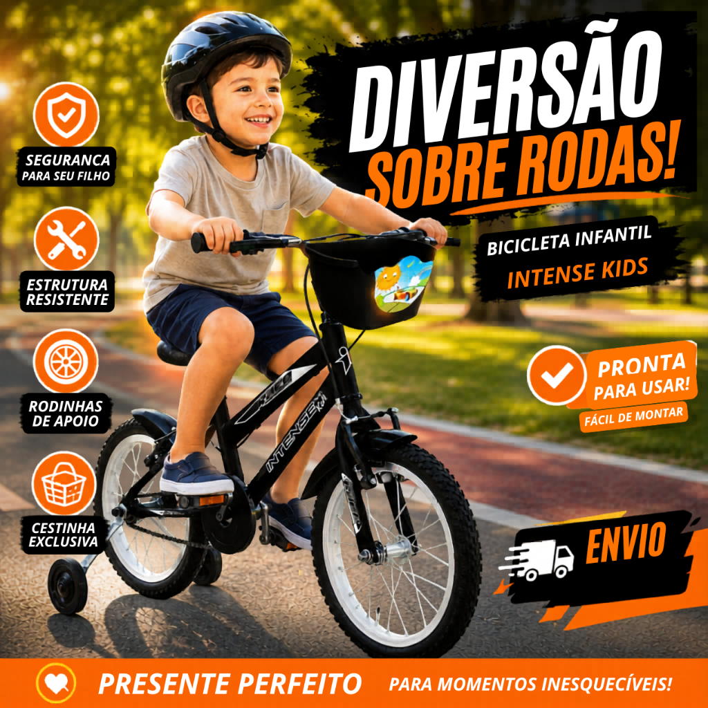 Bicicleta infantil Aro 16 V-brake Meninos com rodinha Colorida quadro Aço Carbono Intense Kids Cor Preta