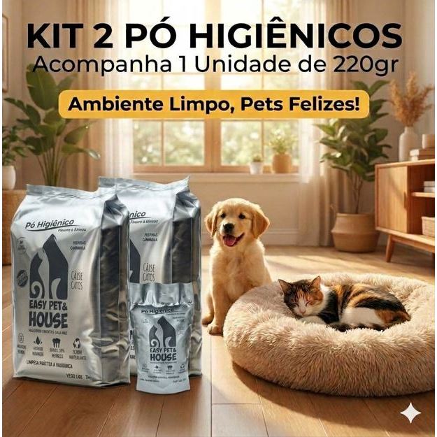 Kit c/ 2 Eliminador de Odores e Limpeza à Seco Pó Higiênico Easy Pet Cães e Gatos Lavanda