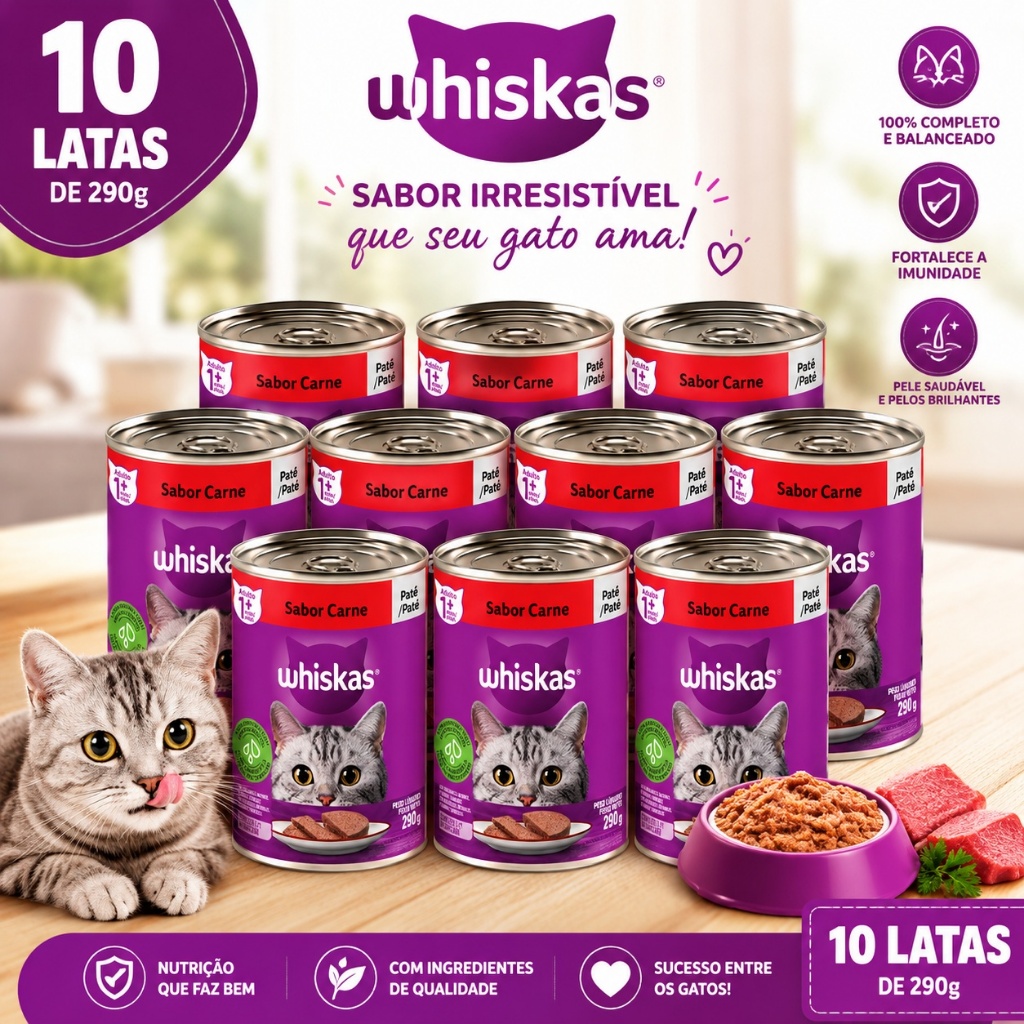 KIT 10 LATAS DE PATE WHISKAS 290G VARIOS SABORES CARNE, FRANGO, ATUM OU PEIXE.
