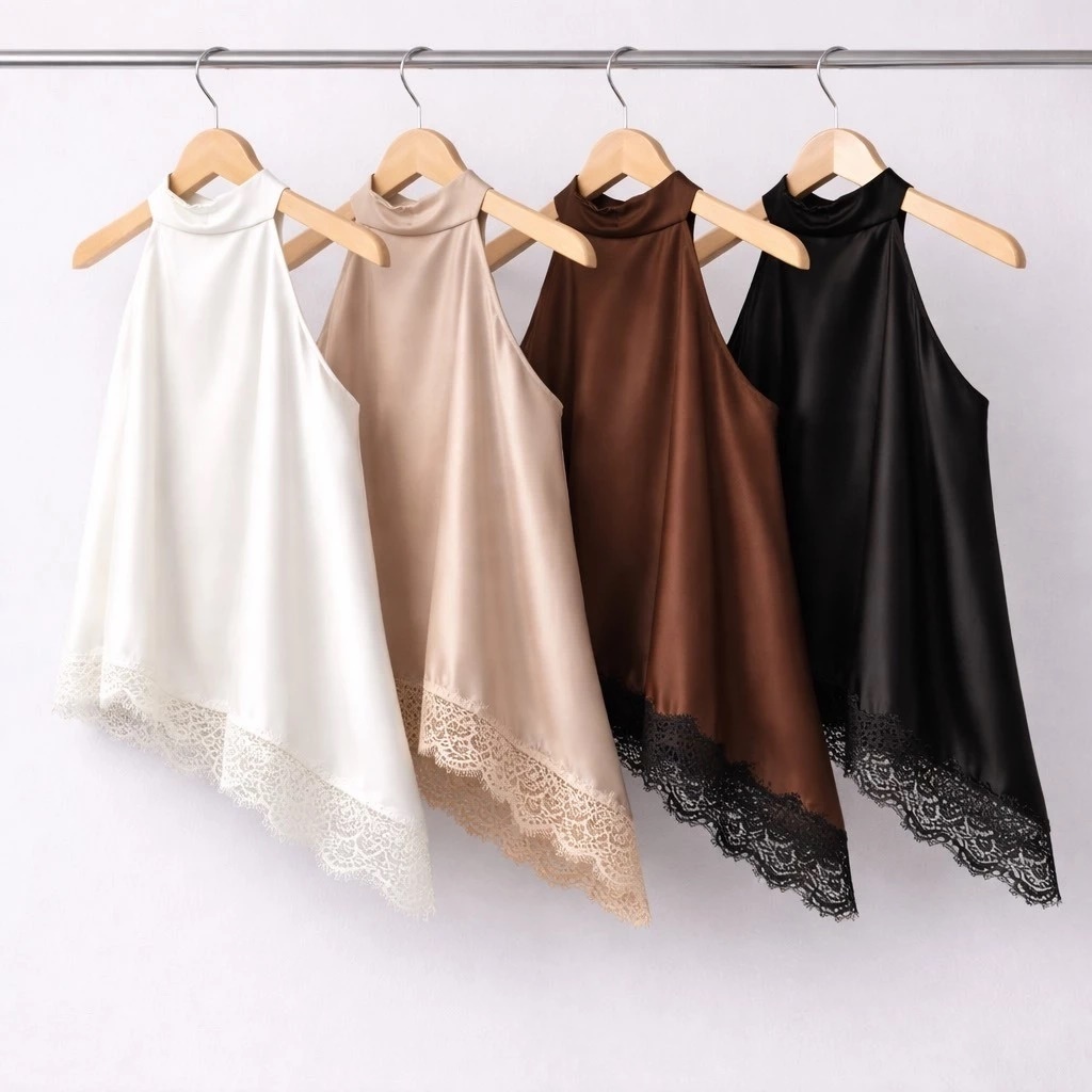 Blusa Cetim Feminina Gola Alta Assimétrica Frente Única Com Renda Bata Elegante Tendência Envio Imediato