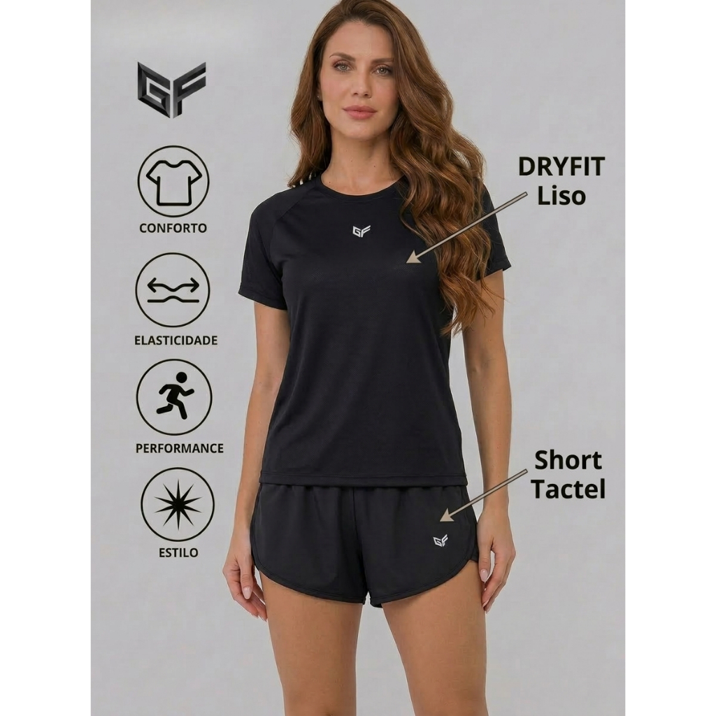 Conjunto de Academia Feminino Camiseta Dry Fit + Short Tactel - Roupas de Academia Feminina Confortável Tendência 2026