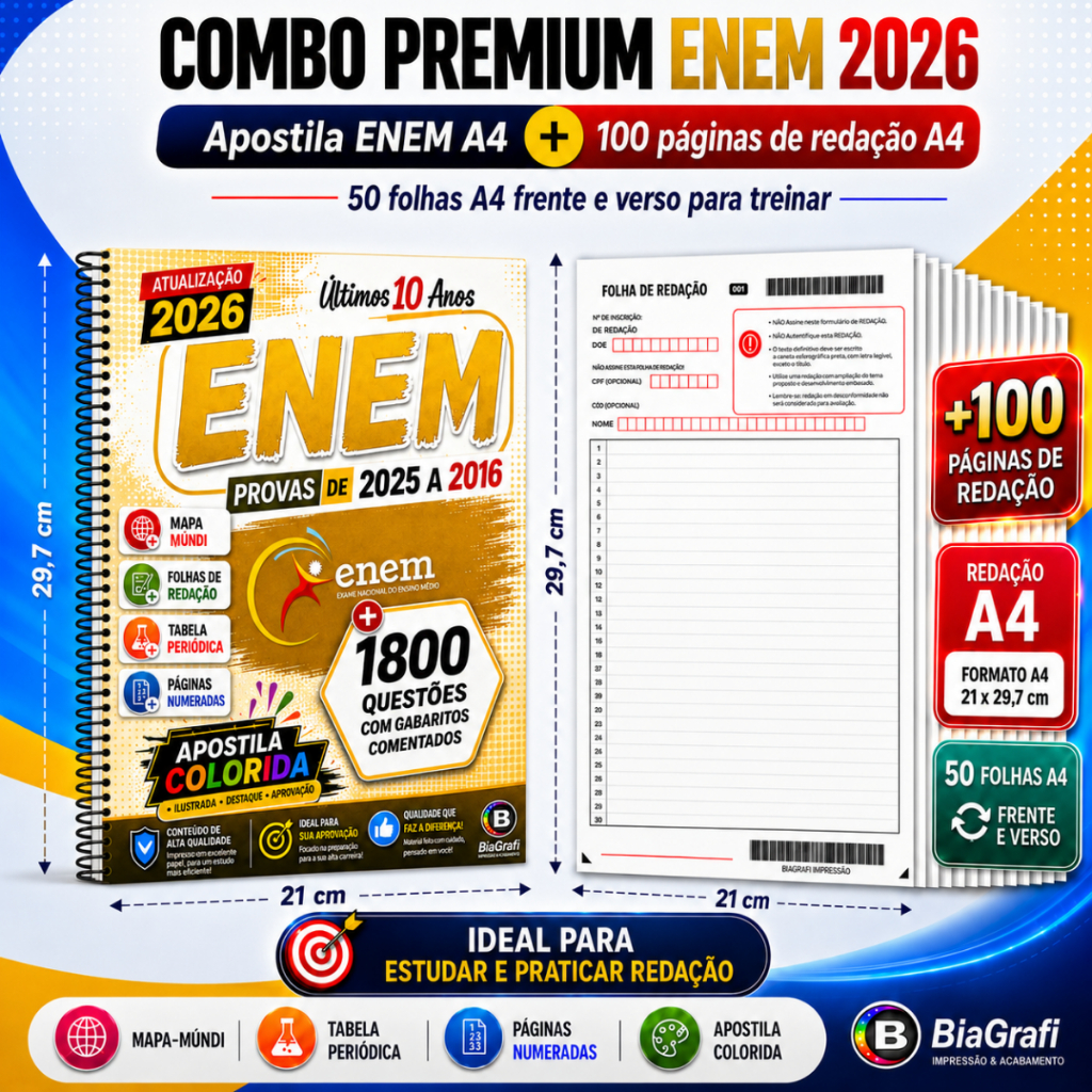 Kit Apostila ENEM 2026 Color Últimos 10 anos +Gabarito Oficial + 100 Páginas Redação + Tabela + Mapa