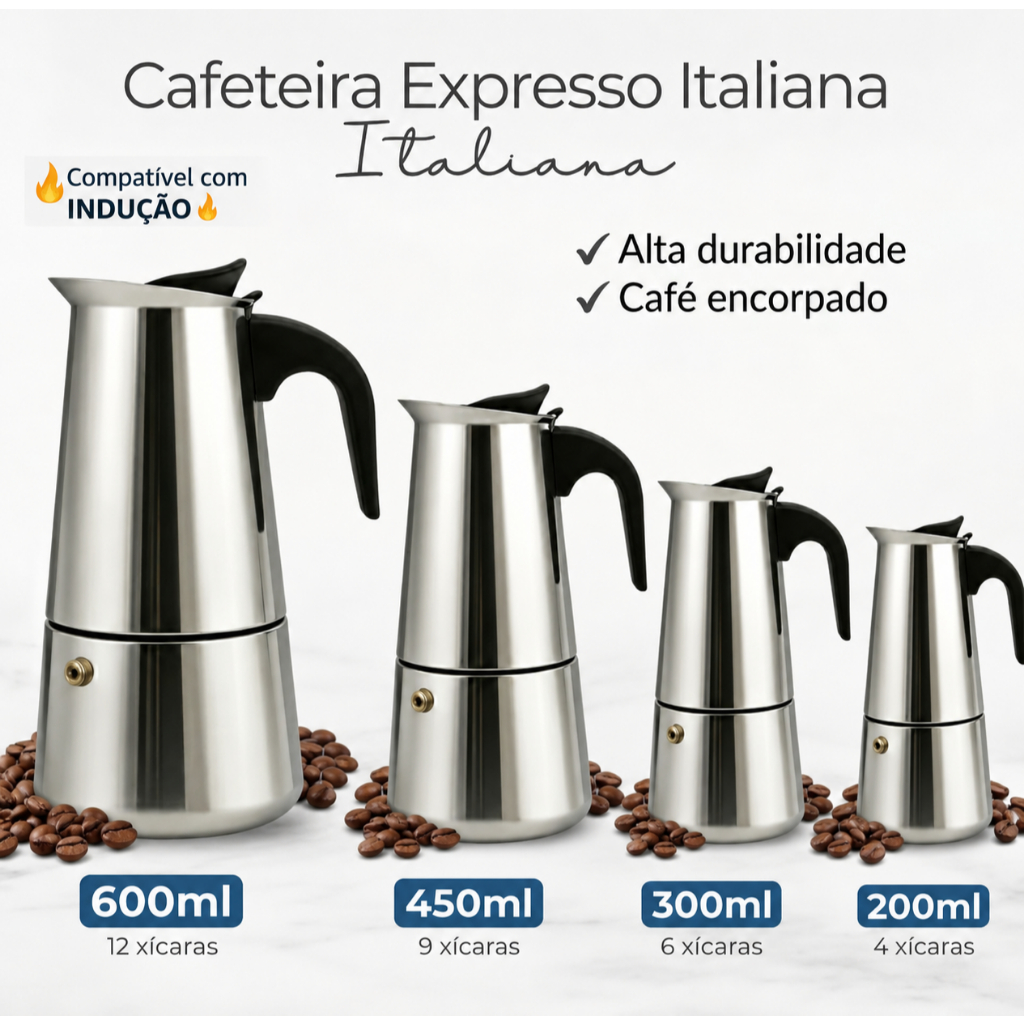Cafeteira Italiana Inox Moka Café Expresso Indução e Gás 200ml 300ml 450ml 600ml