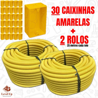 Conduíte Eletroduto Corrugado 3/4 Reforçado Flexível Amarelo Kit 2 Unidades + 30 Caixinhas de Luz Amarela 4x2