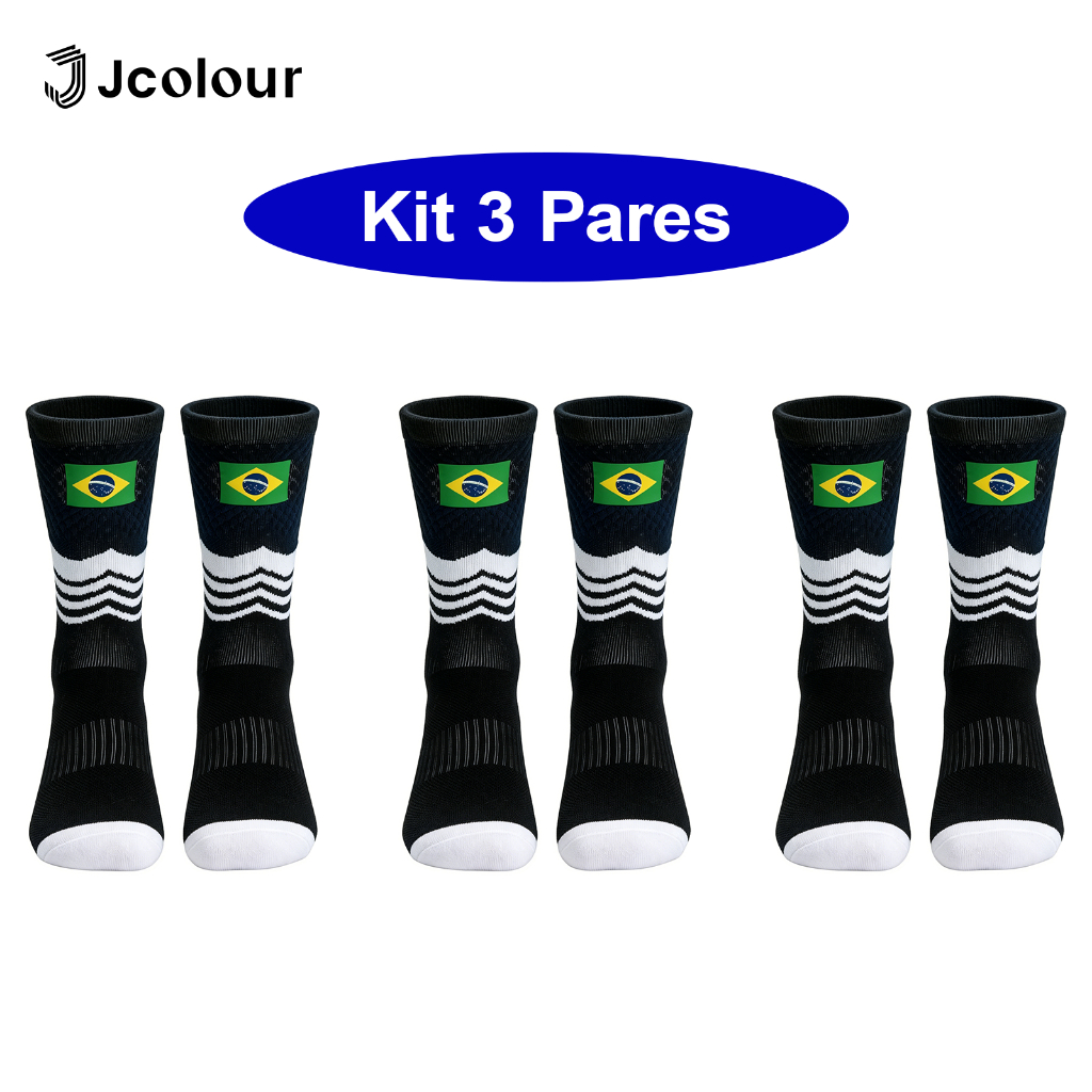 Jcolour Kit 3 Meias Futebol Antiderrapante Copa do Mundo Brasil Cano Alto Meia E