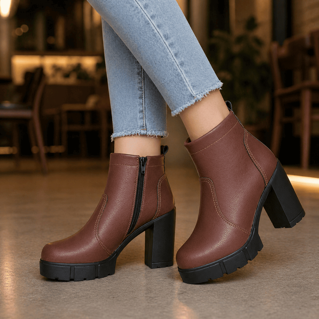 Bota Coturno Feminino Salto Alto Grosso Tratorada Cano Curto