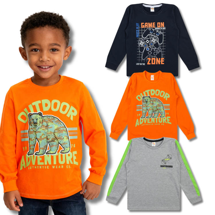 Kit Sortido 3 Camisetas Manga Longa Menino Juvenil Inverno Masculino