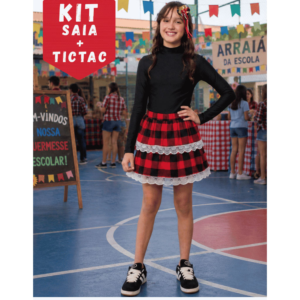 Kit Saia Xadrez Festa Junina Juvenil 8 a14 anos + TicTac Arraia Festa Quadrilha Festa São João