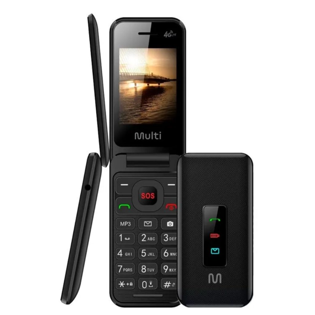 Celular Flip Vita 4G Dual Chip MP3 Preto Multi Bluetooth botão SOS Rádio P9227