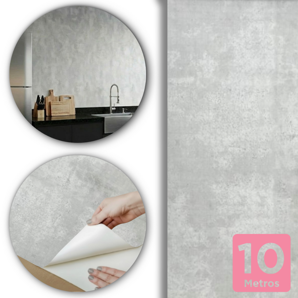Imagem Papel De Parede Cimento Queimado Claro 10m x 45cm Autocolante Lavável Ideal Para Sala e Quarto