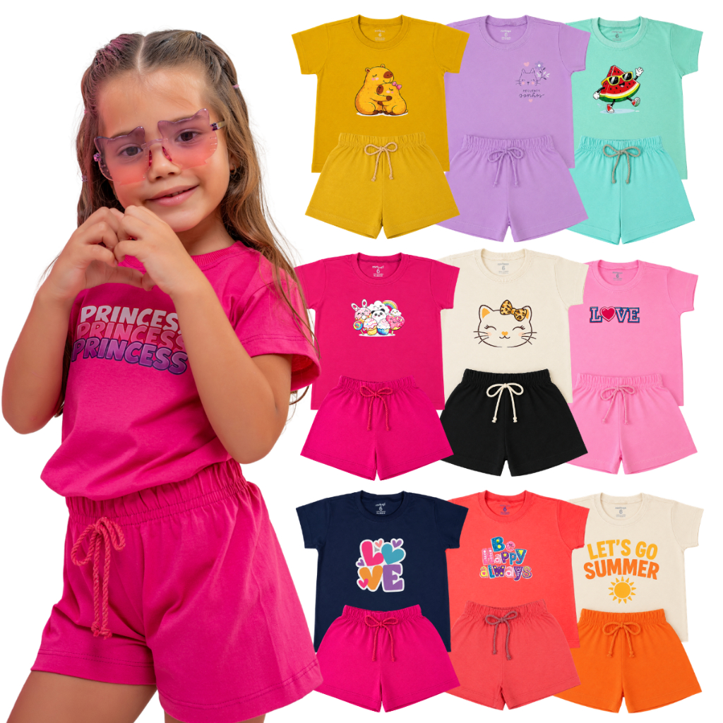 Conjunto Infantil Menina Verão Kit 06 Peças Conjuntos Feminino - 03 Camisetas e 03 Bermudas