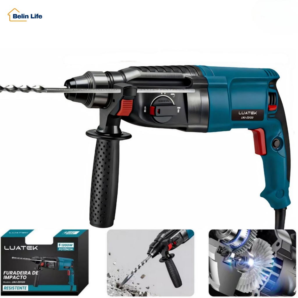 Martelete Perfurador Rompedor e Furadeira de Impacto 1200W 26mm Maleta Luatek LWJ-ZD120