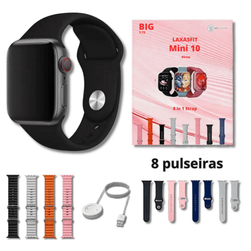 Relógio Smartwatch Mini 10 Infinit 8 Em 1 Laxasfit e 4 Pulseiras Ocean e 4 Lisas