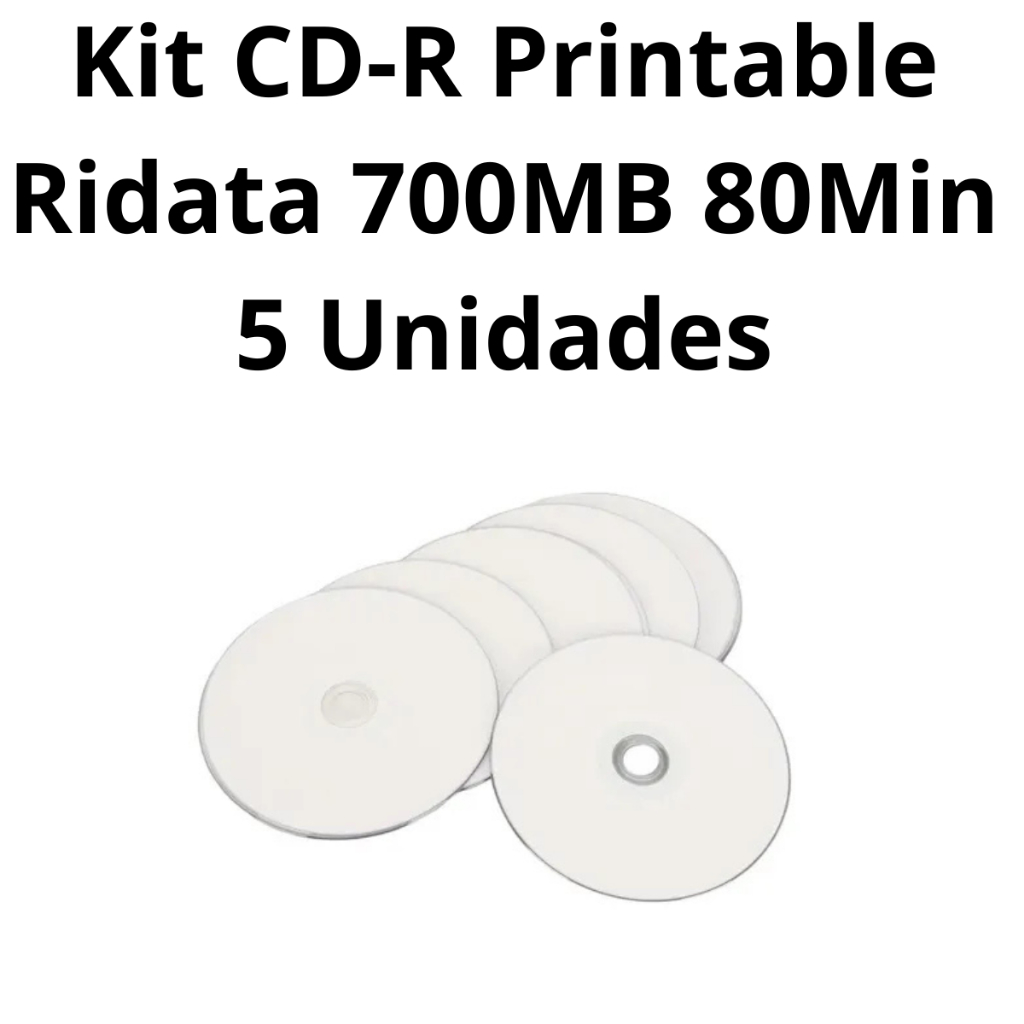 CD-R Printable Ridata 700MB 80Min 52x Kit 5 Unidades Para Impressão e Gravação de Dados Música Jogos Backup