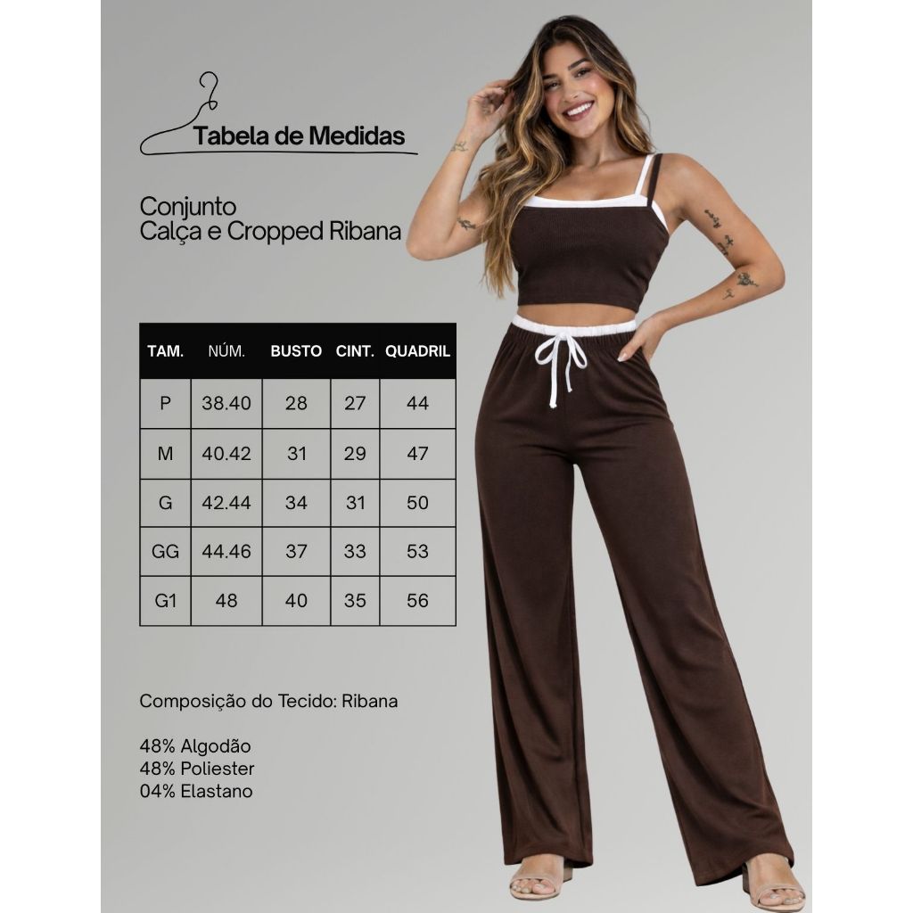 Conjunto Feminino Ribana Luxo Casual Calça Wide Leg e Cropped Tendência Fashion P ao G1 — imagem 2 de 2