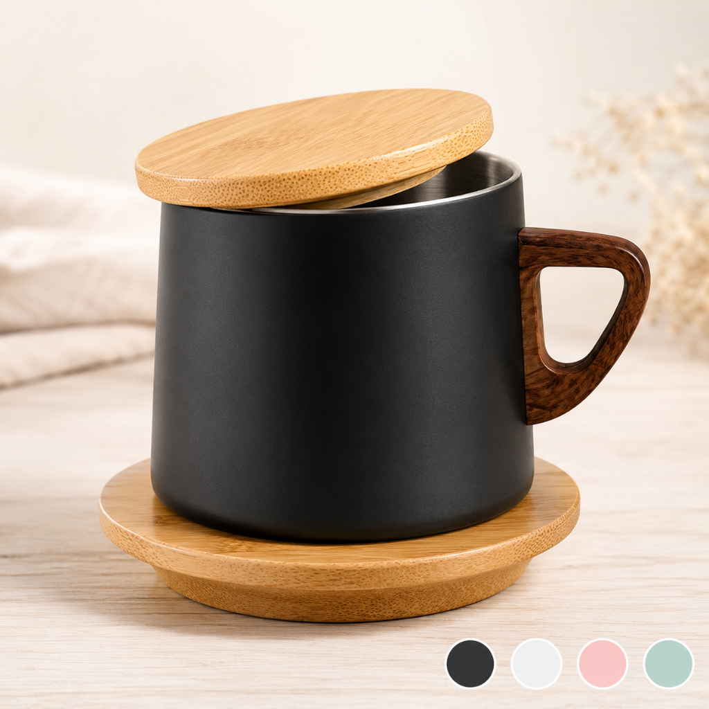Xícara Caneca Térmica Aço Inox 304 Com Tampa e Pires de Bambu