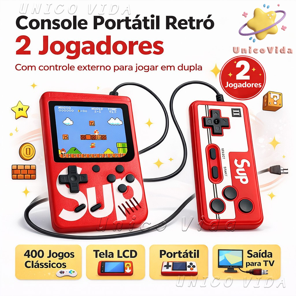 Mini Game Portátil Retrô 1 ou 2 Jogadores com Controle e Saída AV para TV | UnicoVida