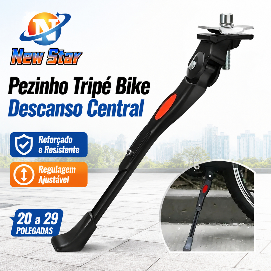 New Star Pezinho Tripé Bike Descanso Central Regulagem Reforçado 20 a 29