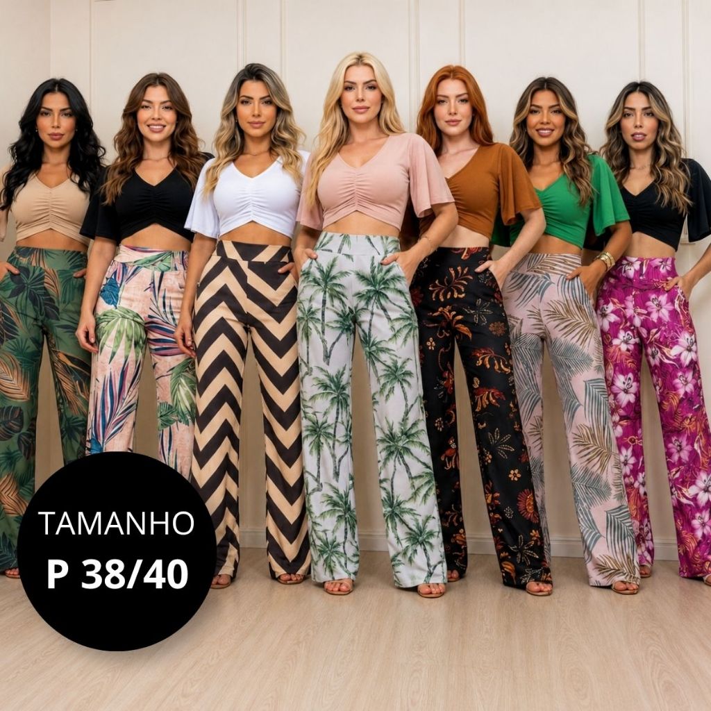 Calça Pantalona Feminina Cintura Alta Bolso Tamanho 36 38 40 P Reta Suplex Reforçada Slim Estampado