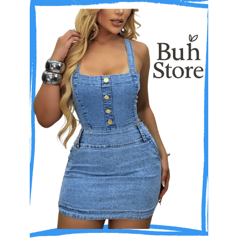 Conjunto Jeans Feminino Saia e Cropped Com Botões Lycra Top Cintura Alta Premium Buh Store Oficial