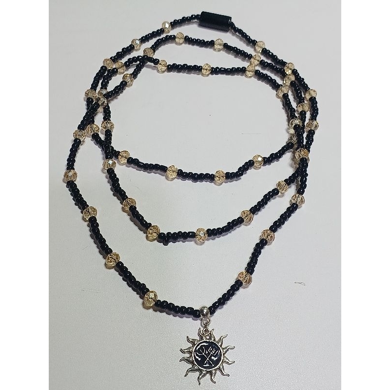 Guia Fio Contas Proteção Exu, Pomba Gira, Preto, Champanhe, Miçanga, Cristal, Pingente Sol Tridentes Cruzados, Umbanda