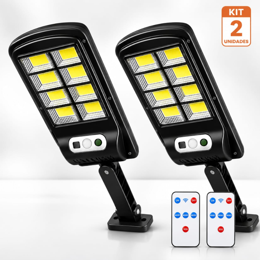 Kit 2 Refletores Solares LED Até 600W com Controle Remoto Sensor de Presença Luz Branca Fria IP65 Externo