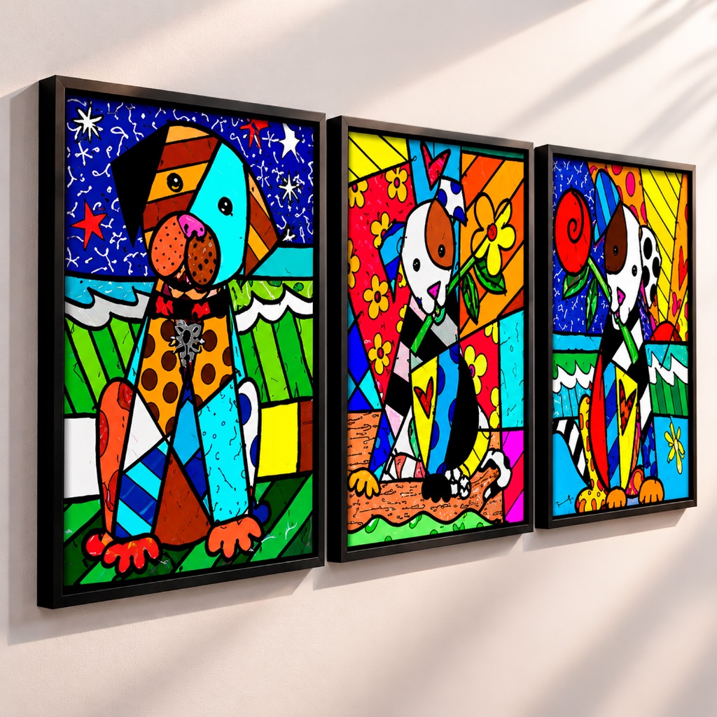 Quadro Decorativo Kit 03 Peças 20x30 Romero Brito Cães Para Sala Quarto Escritório - Placas Sem Moldura