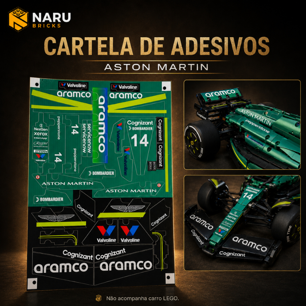Cartela de Adesivos Aston Martin F1 Escala 1:8 para Blocos de Montar | Personalização Premium